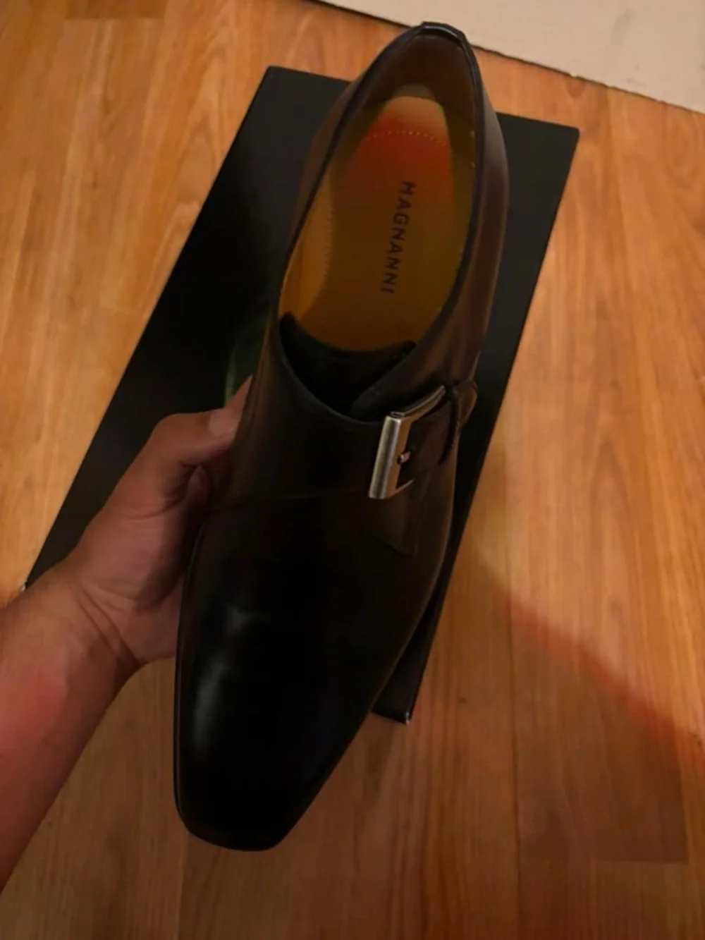 Nordstrom Magnanni Black Leather Single Monk Strap Shoe with Silver Buckle
